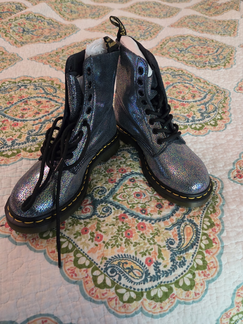Dr. Martens Pascal Grey Iridescent Holographic Lace-Up Combat Boots - Size 6